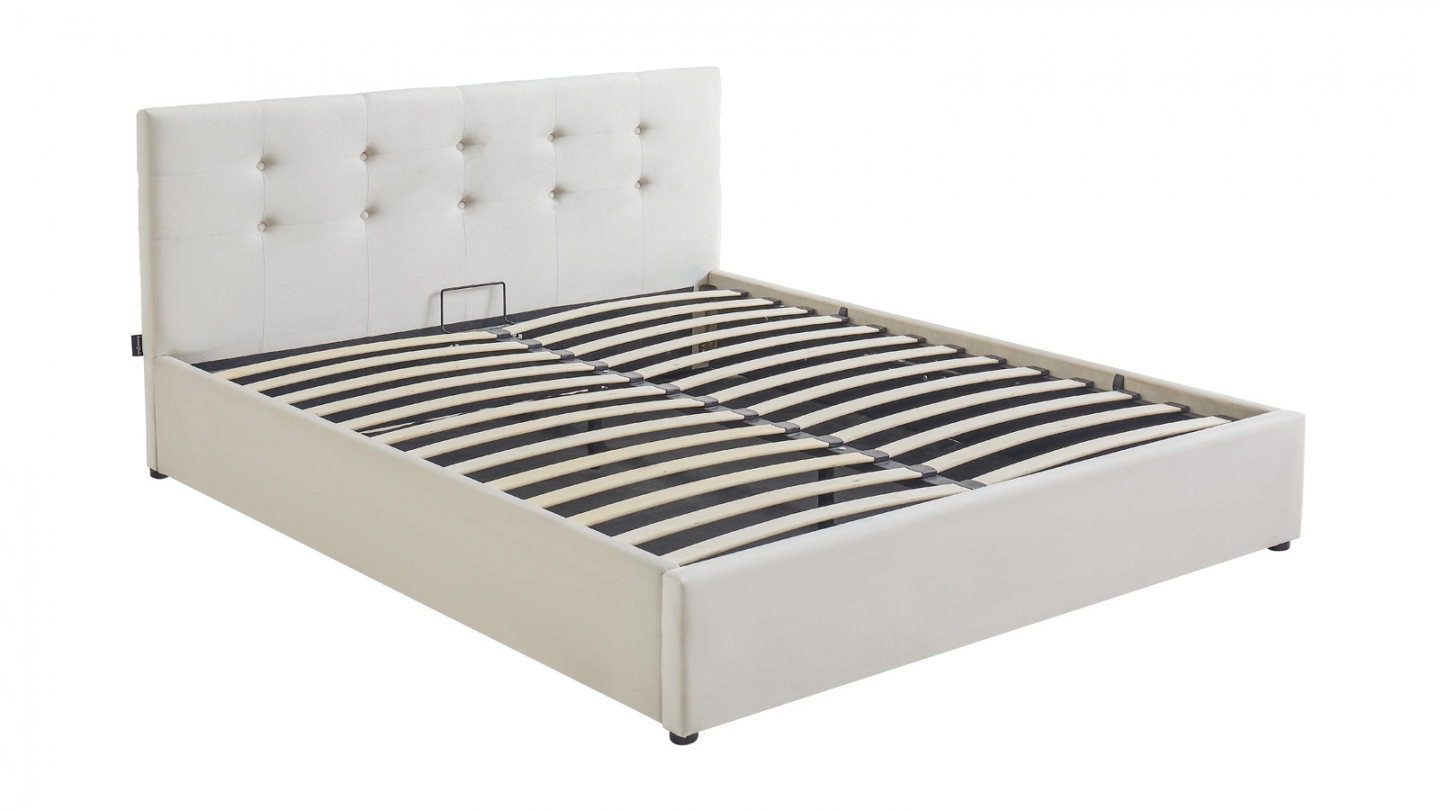 Ensemble Lit coffre adulte 140x190cm avec tête de lit en velours beige - Tina + Matelas mémoire de forme - Memo HR