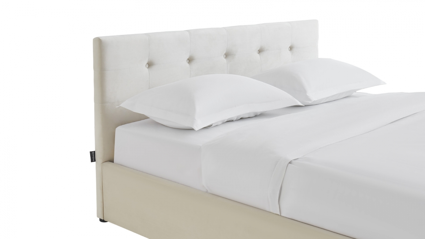 Ensemble Lit coffre adulte 140x190cm avec tête de lit en velours beige - Tina + Matelas mémoire de forme - Memo HR