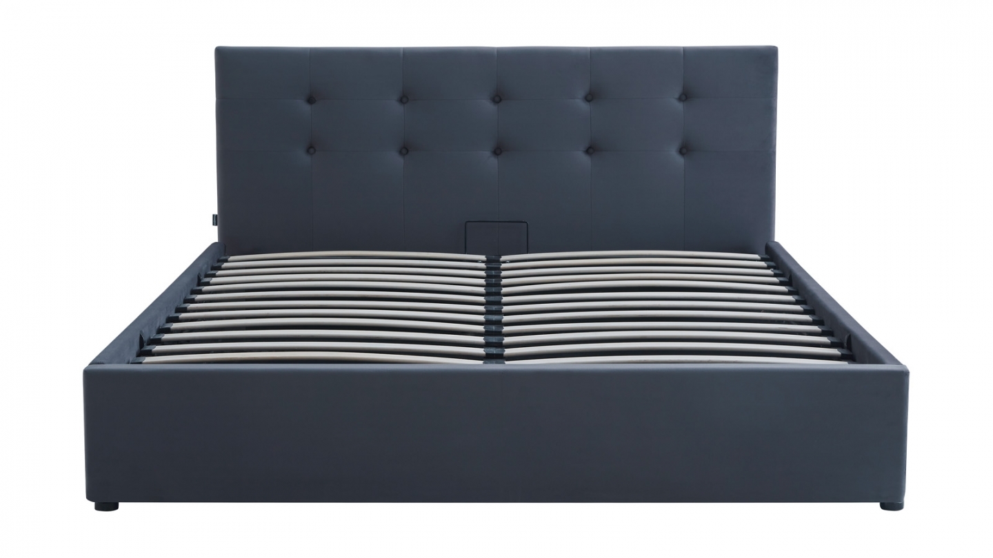 Ensemble Lit coffre adulte 140x190cm avec tête de lit en velours gris foncé - Tina + Matelas mémoire de forme - Memo HR