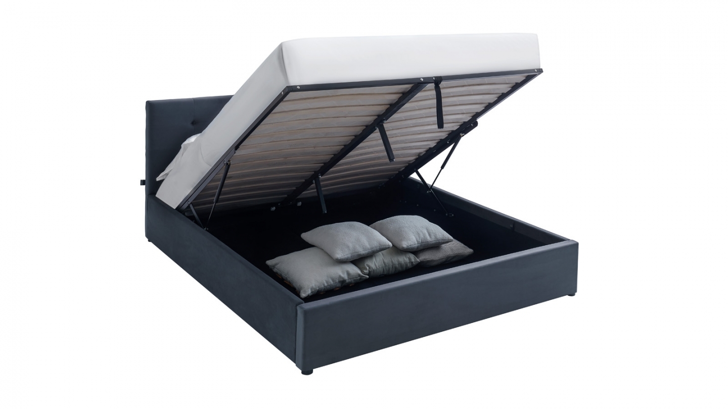 Ensemble Lit coffre adulte 140x190cm avec tête de lit en velours gris foncé - Tina + Matelas mémoire de forme - Memo HR