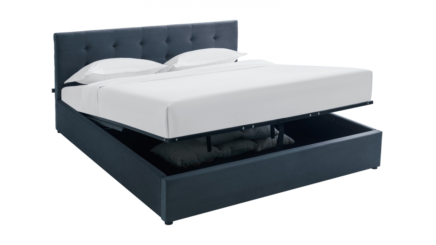 Ensemble Lit coffre adulte 140x190cm avec tête de lit en velours gris foncé - Tina + Matelas mémoire de forme - Memo HR