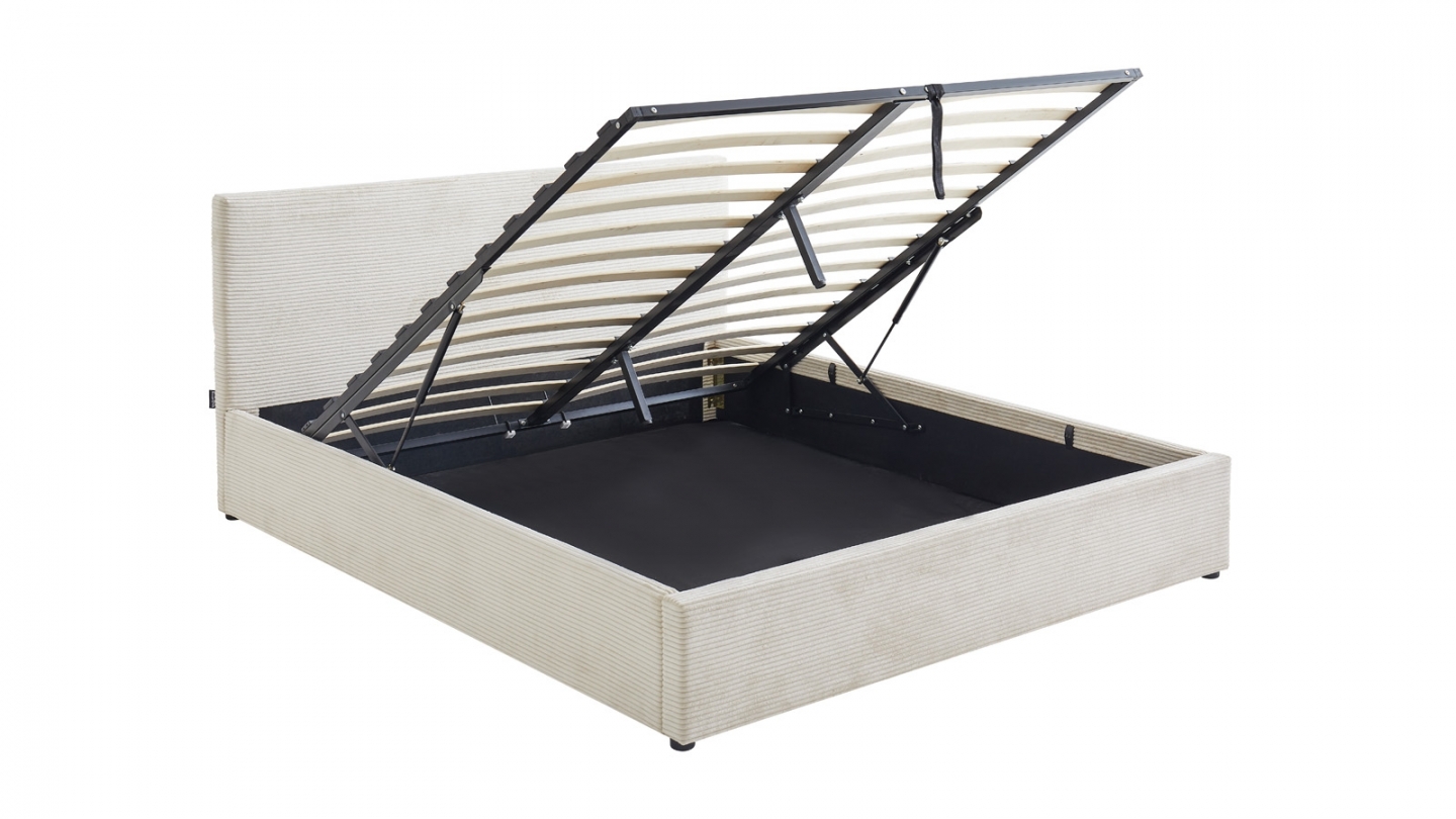 Ensemble Lit coffre adulte 160x200cm avec tête de lit en velours côtelé beige - Tina + Matelas mémoire de forme - Memo HR