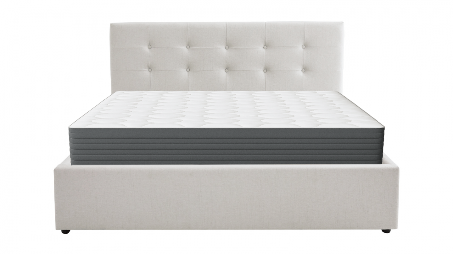 Ensemble Lit coffre adulte 140x190cm avec tête de lit en tissu beige - Tina + Matelas mémoire de forme - Memo HR