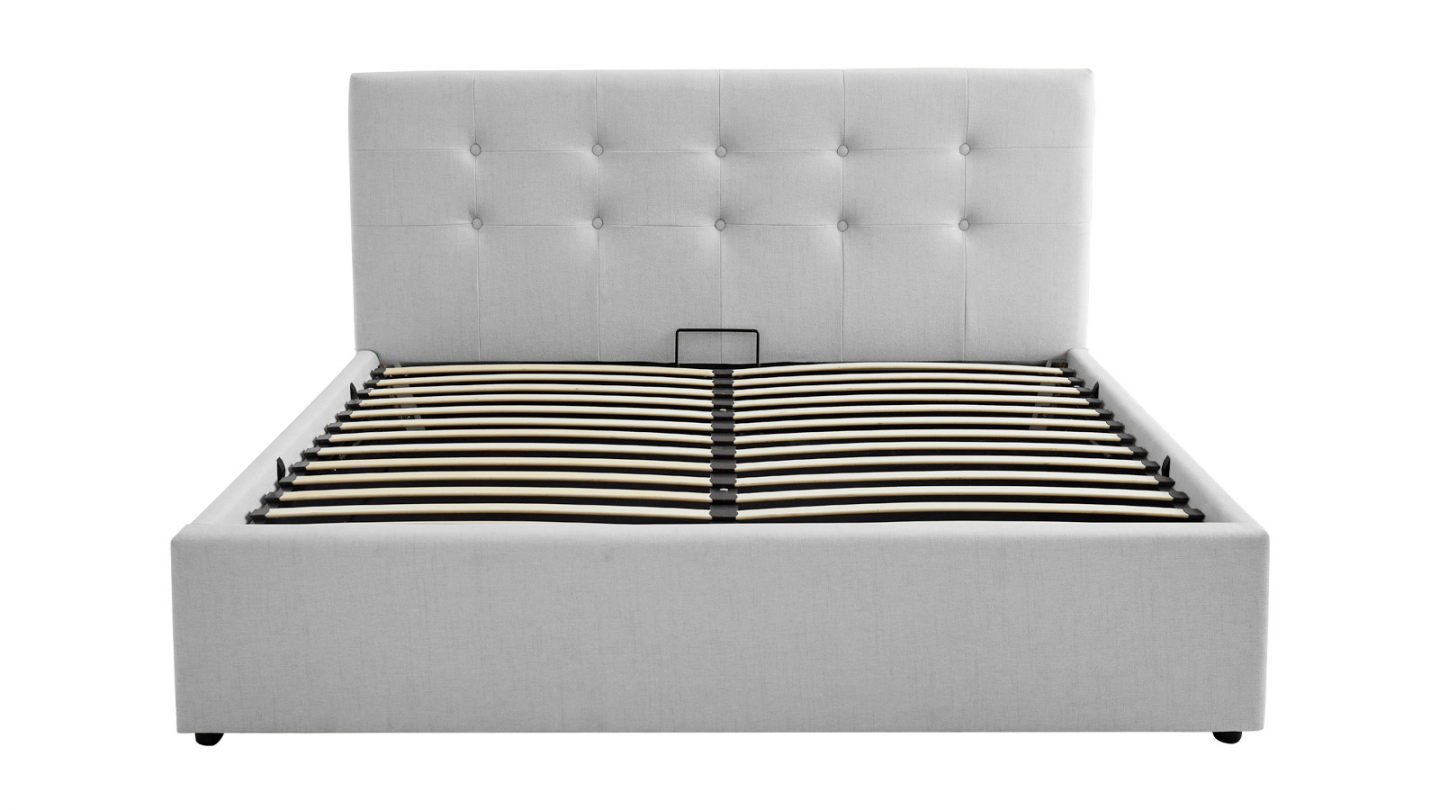 Ensemble Lit coffre adulte 140x190cm avec tête de lit en tissu gris - Tina + Matelas mémoire de forme - Memo HR