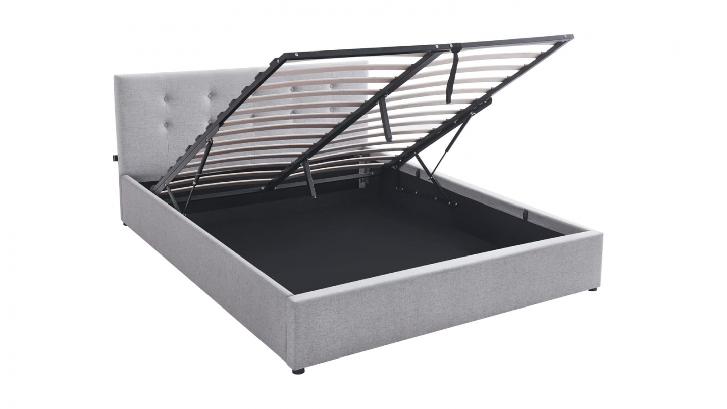 Ensemble Lit coffre adulte 160x200cm avec tête de lit en tissu gris - Tina + Matelas mémoire de forme - Memo HR
