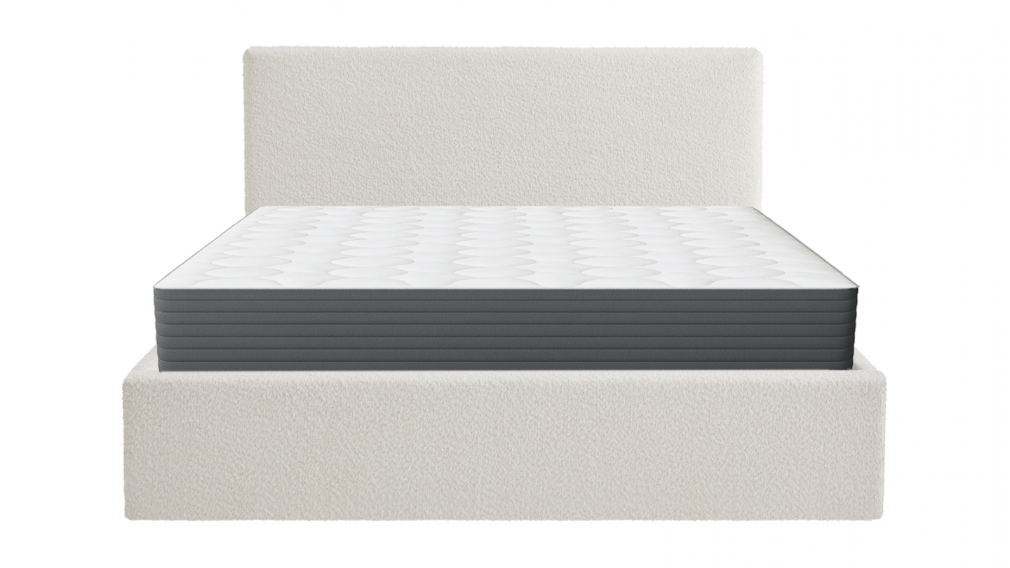Ensemble Lit coffre adulte 160x200cm avec tête de lit en tissu bouclé beige - Tina + Matelas mémoire de forme - Memo HR