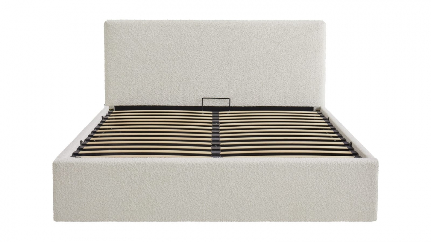Ensemble Lit coffre adulte 160x200cm avec tête de lit en tissu bouclé beige - Tina + Matelas mémoire de forme - Memo HR