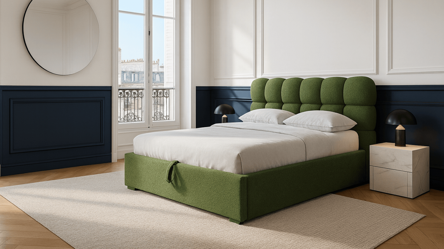 Lit coffre adulte 140x190 cm avec sommier et tête de lit capitonnée en tissu bouclé vert - Lola