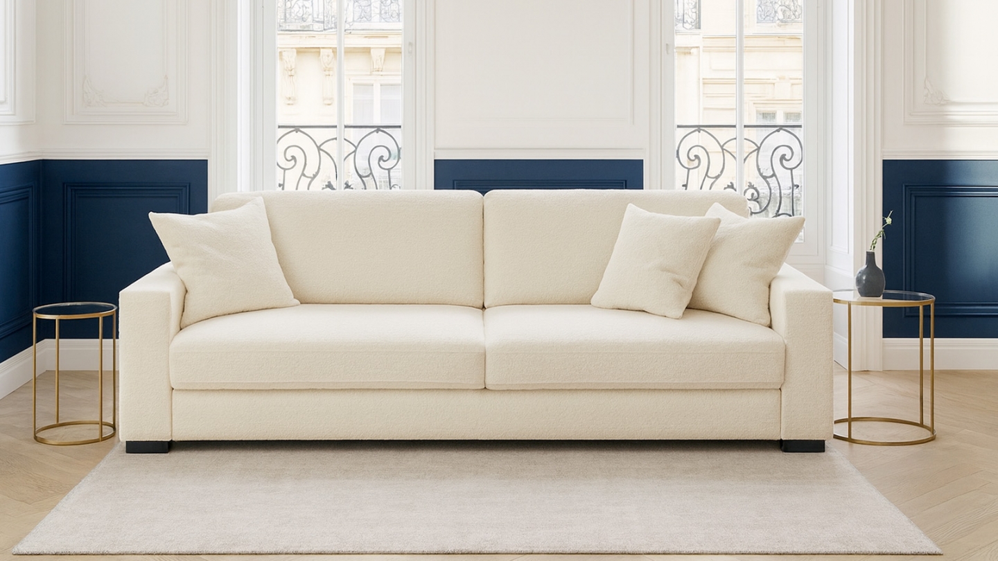 Canapé convertible 3 places en tissu bouclette beige avec coffre de rangement - Robin Canapé convertible 3 places en tissu bouclette beige avec coffre de rangement - Robin