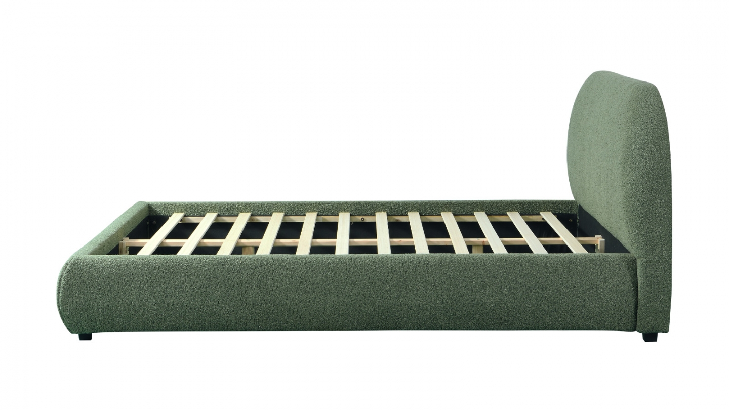Lit adulte 140x190 cm avec sommier et tête de lit matelassée en tissu bouclé vert kaki - Maddie
