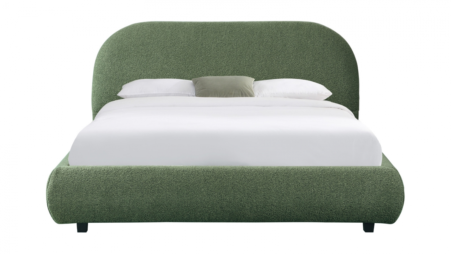 Lit adulte 140x190 cm avec sommier et tête de lit matelassée en tissu bouclé vert kaki - Maddie