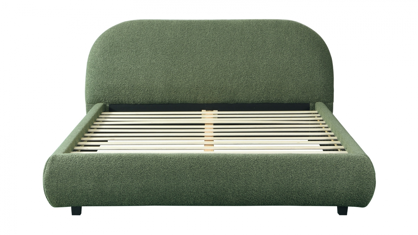 Lit adulte 140x190 cm avec sommier et tête de lit matelassée en tissu bouclé vert kaki - Maddie
