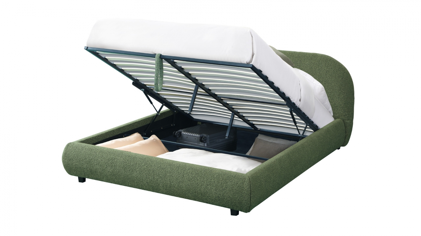 Lit coffre 160x200 cm avec tête de lit matelassée en tissu bouclé vert kaki - Madisson