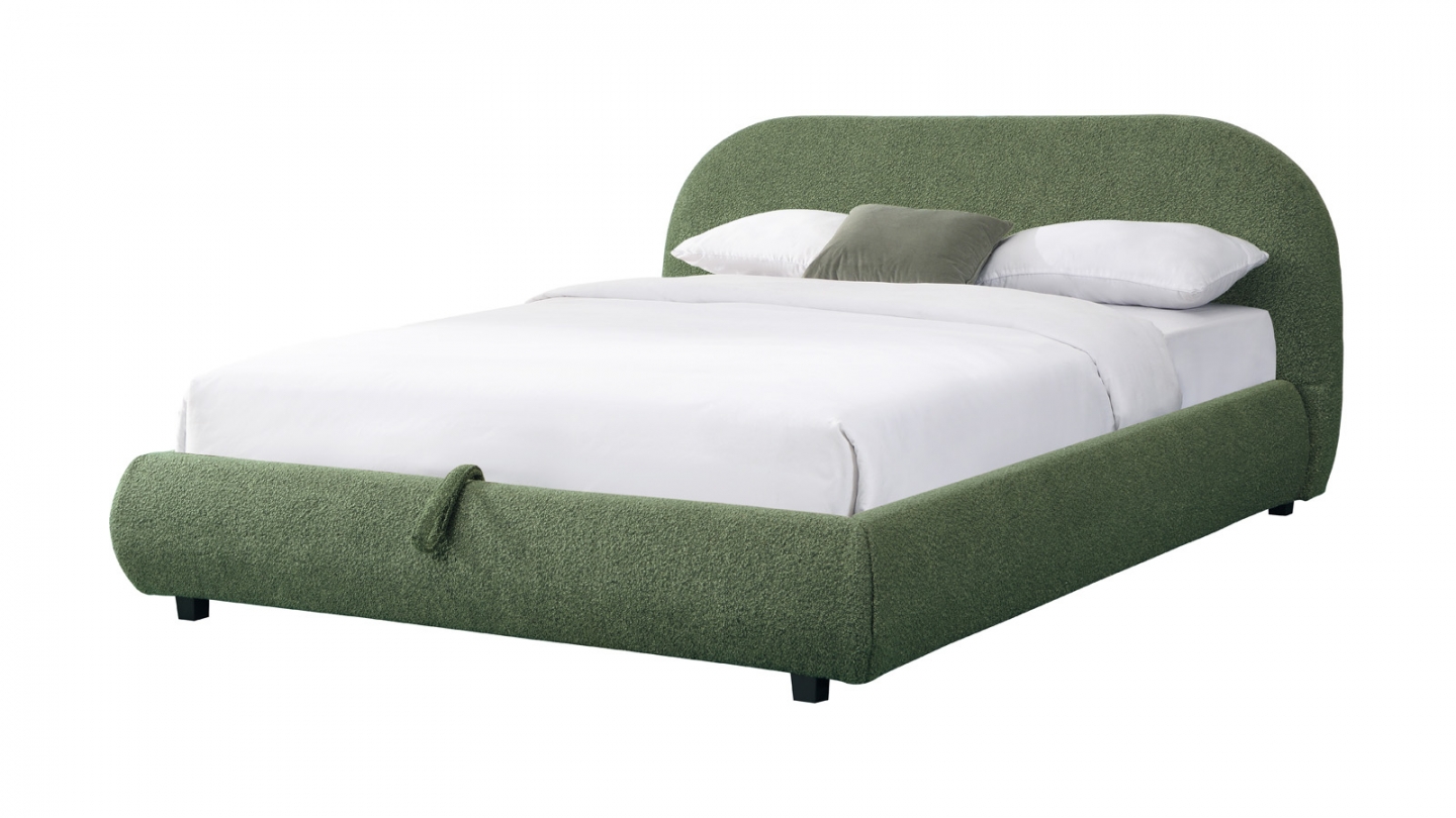 Lit coffre 160x200 cm avec tête de lit matelassée en tissu bouclé vert kaki - Madisson