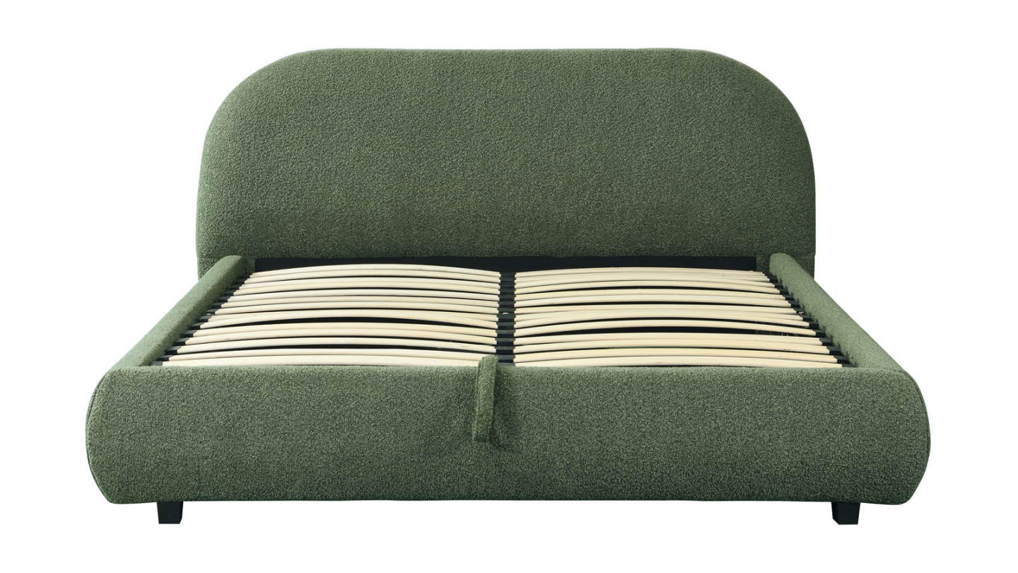Lit coffre 160x200 cm avec tête de lit matelassée en tissu bouclé vert kaki - Madisson