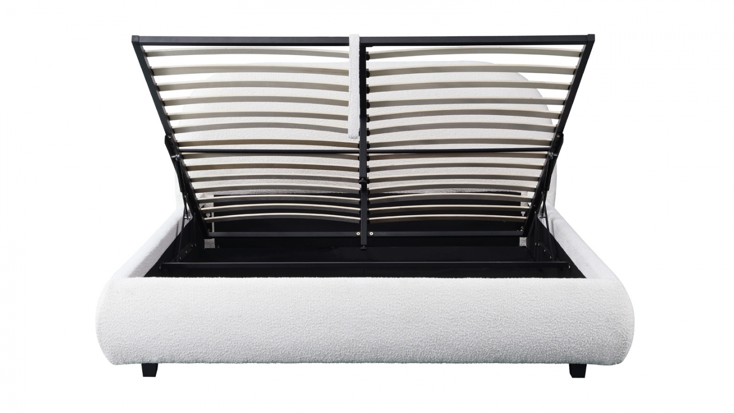 Lit coffre 140x190 cm avec tête de lit matelassée en tissu bouclé beige - Madisson