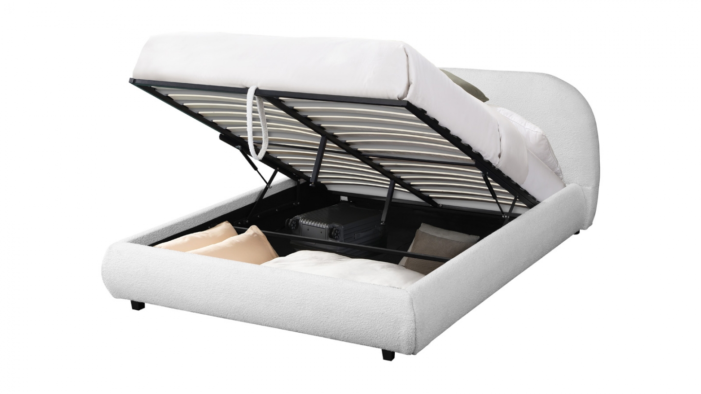 Lit coffre 160x200 cm avec tête de lit matelassée en tissu bouclé beige - Madisson