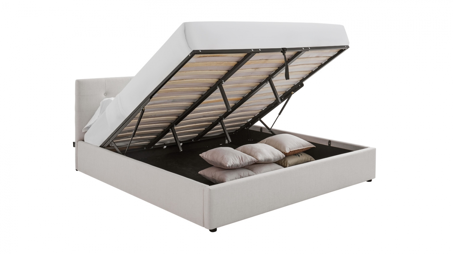 Ensemble Lit coffre adulte 180x200cm avec tête de lit en tissu beige - Tina + Matelas mémoire de forme - Memo HR