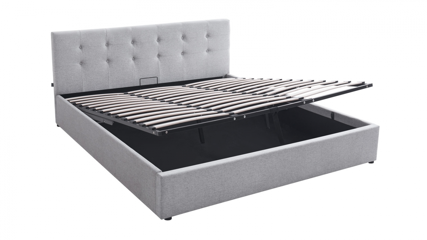 Ensemble Lit coffre adulte 180x200cm avec tête de lit en tissu gris - Tina + Matelas mémoire de forme - Memo HR