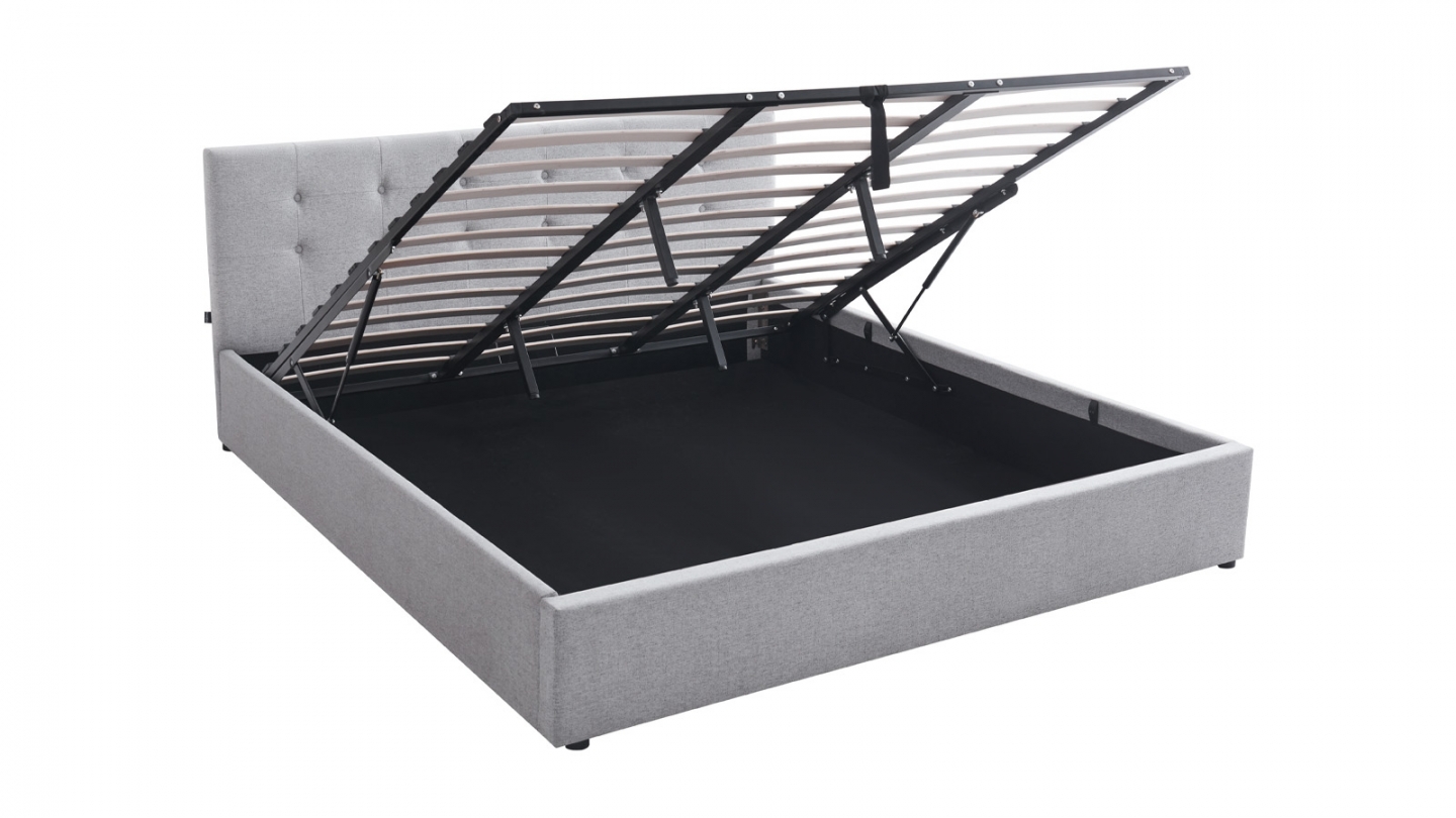Ensemble Lit coffre adulte 180x200cm avec tête de lit en tissu gris - Tina + Matelas mémoire de forme - Memo HR