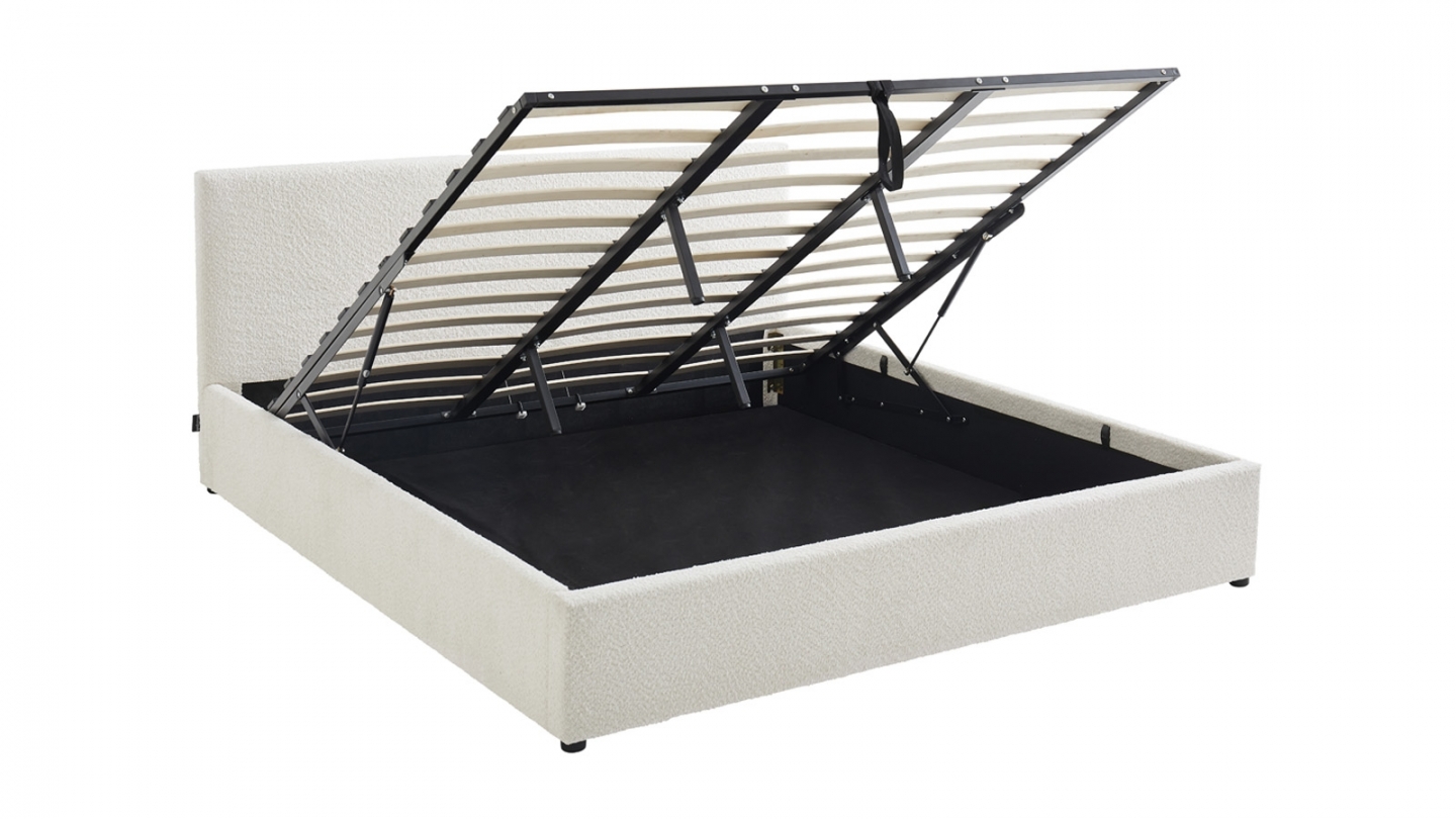 Ensemble Lit coffre adulte 180x200cm avec tête de lit en tissu bouclé beige - Tina + Matelas mémoire de forme - Memo HR