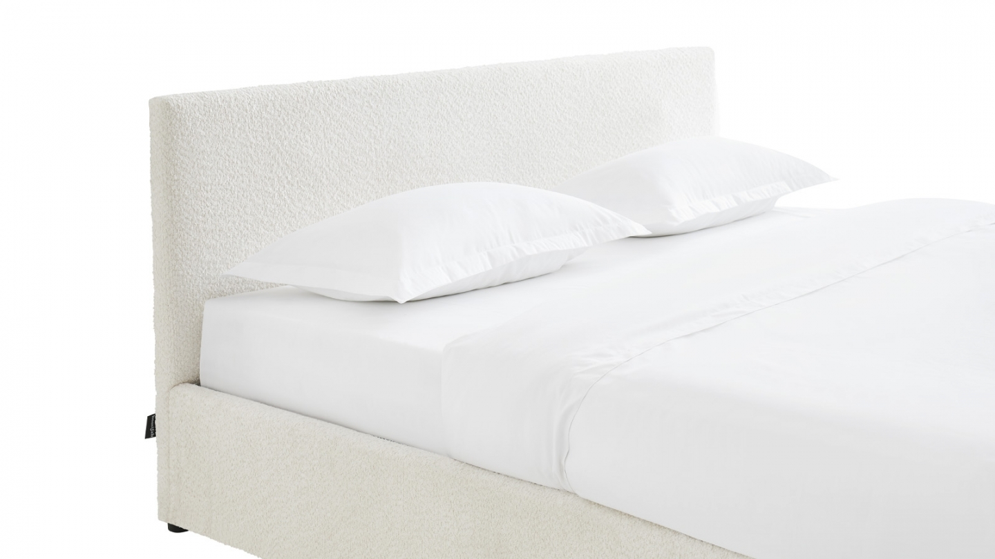 Ensemble Lit coffre adulte 180x200cm avec tête de lit en tissu bouclé beige - Tina + Matelas mémoire de forme - Memo HR
