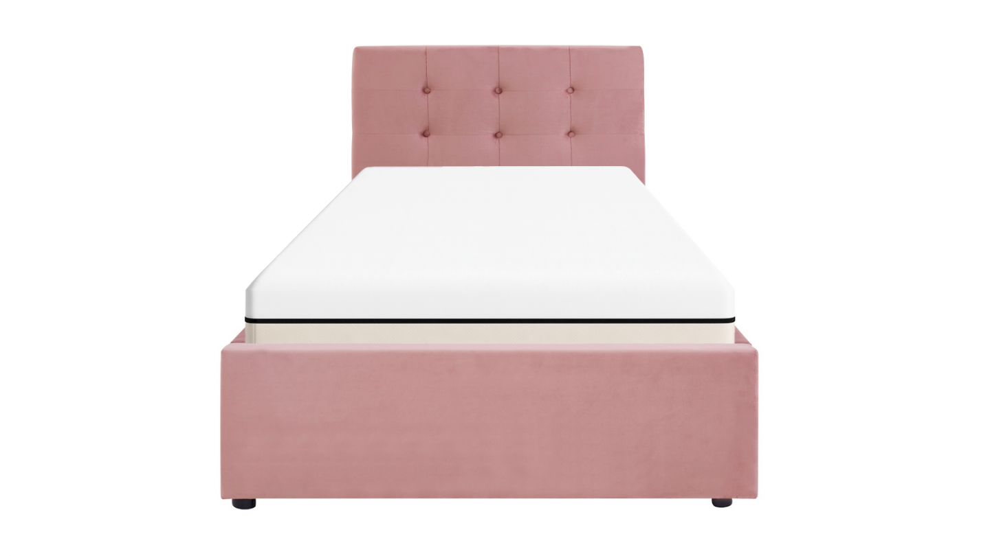 Ensemble Lit coffre adulte 90x190cm avec tête de lit en velours rose - Tina + Matelas ressorts ensachés - Spring Elite