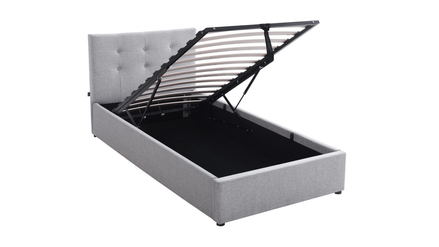 Ensemble Lit coffre adulte 90x190cm avec tête de lit en tissu gris - Tina + Matelas ressorts ensachés - Spring Elite