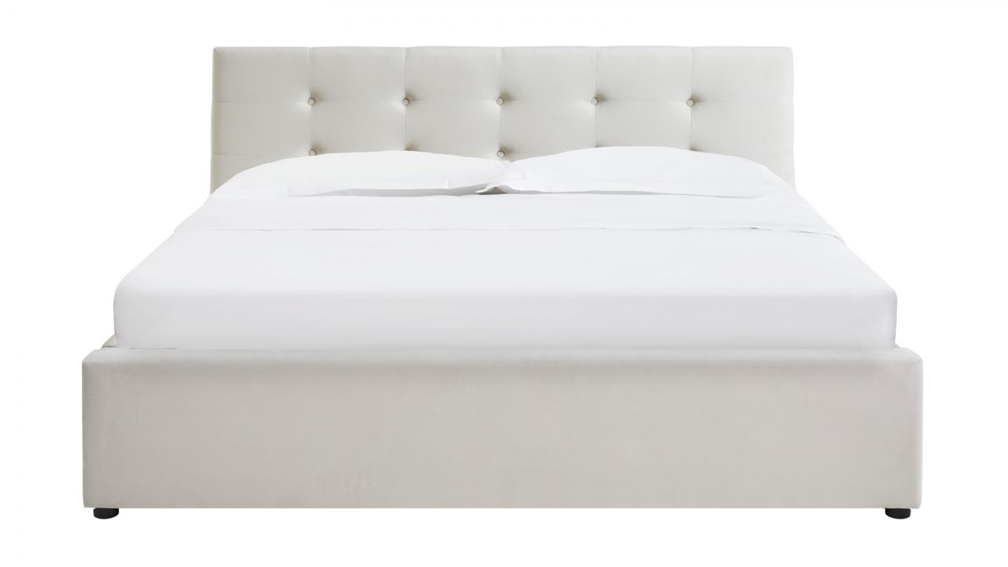 Ensemble Lit coffre adulte 160x200cm avec tête de lit en velours beige - Tina + Matelas mémoire de forme - Dual Confort