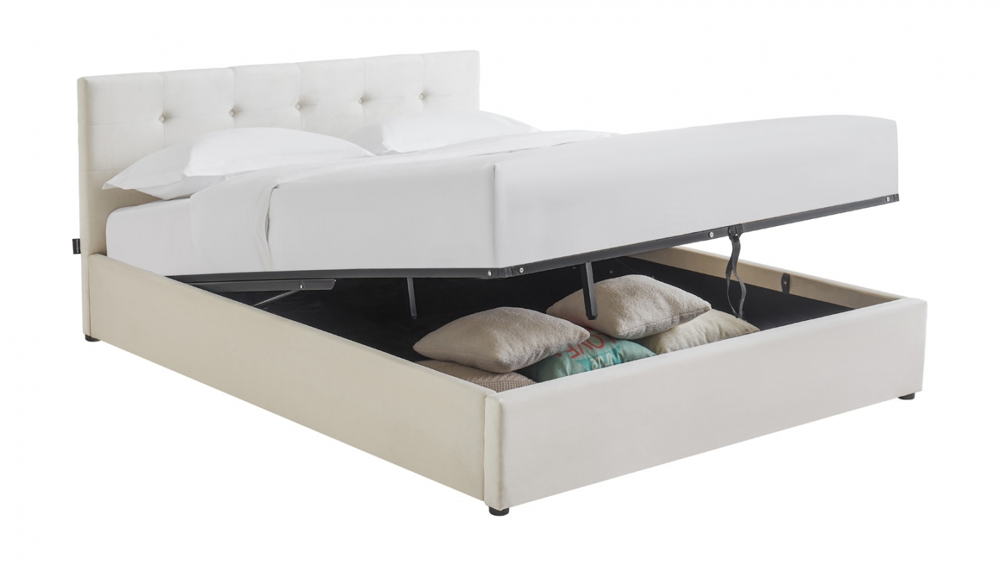 Ensemble Lit coffre adulte 160x200cm avec tête de lit en velours beige - Tina + Matelas mémoire de forme - Dual Confort