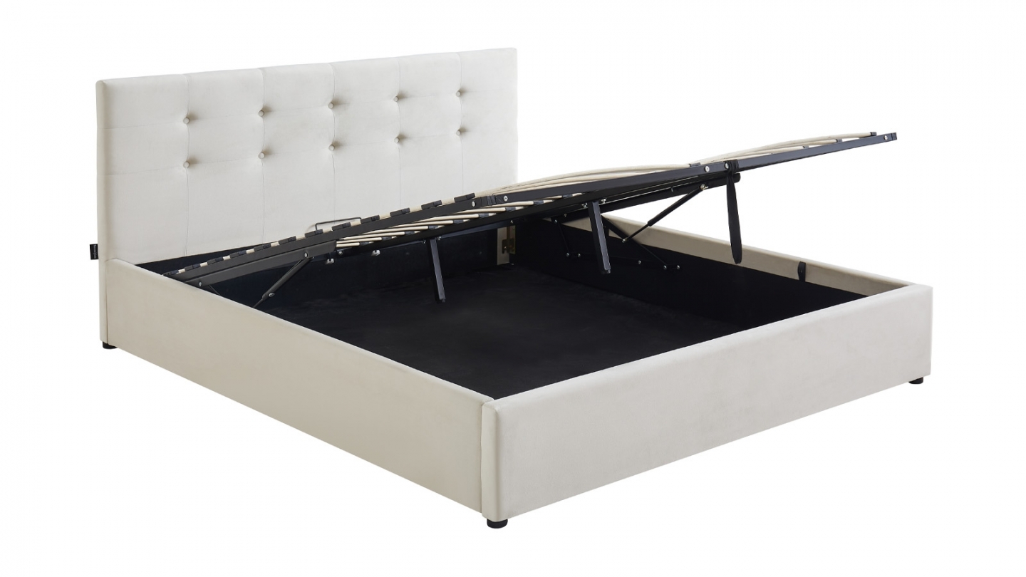 Ensemble Lit coffre adulte 160x200cm avec tête de lit en velours beige - Tina + Matelas mémoire de forme - Dual Confort
