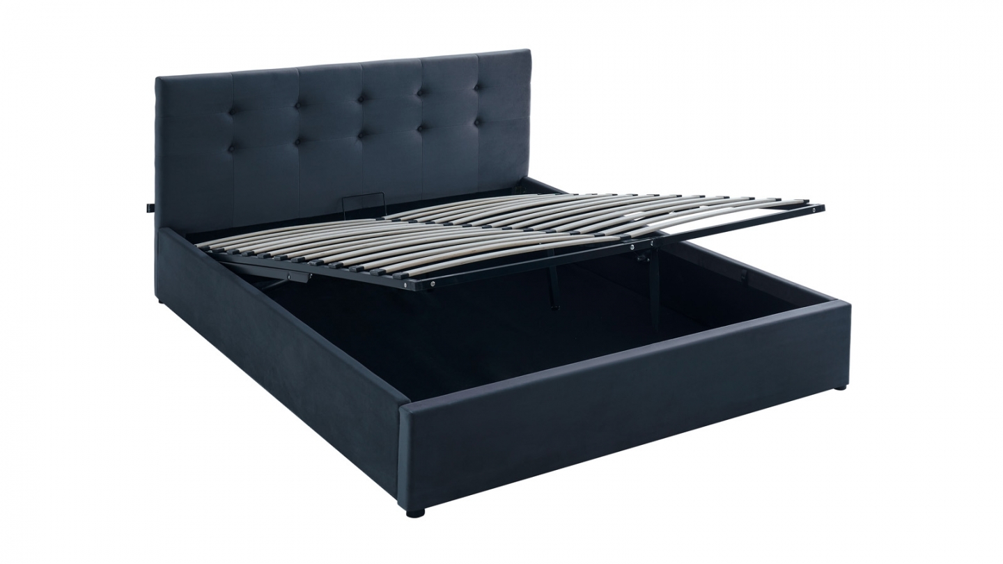 Ensemble Lit coffre adulte 140x190cm avec tête de lit en velours gris foncé - Tina + Matelas mémoire de forme - Dual Confort