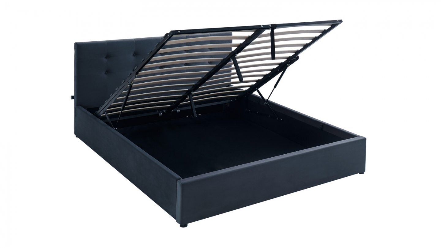 Ensemble Lit coffre adulte 140x190cm avec tête de lit en velours gris foncé - Tina + Matelas mémoire de forme - Dual Confort