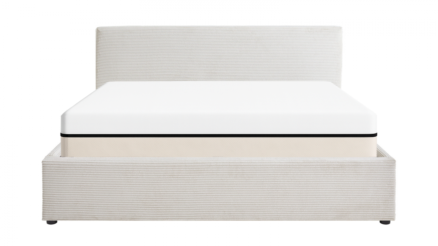 Ensemble Lit coffre adulte 140x190cm avec tête de lit en velours côtelé beige - Tina + Matelas ressorts ensachés - Spring Elite