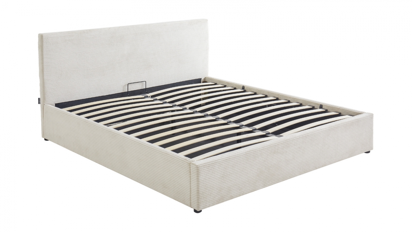 Ensemble Lit coffre adulte 140x190cm avec tête de lit en velours côtelé beige - Tina + Matelas ressorts ensachés - Spring Elite