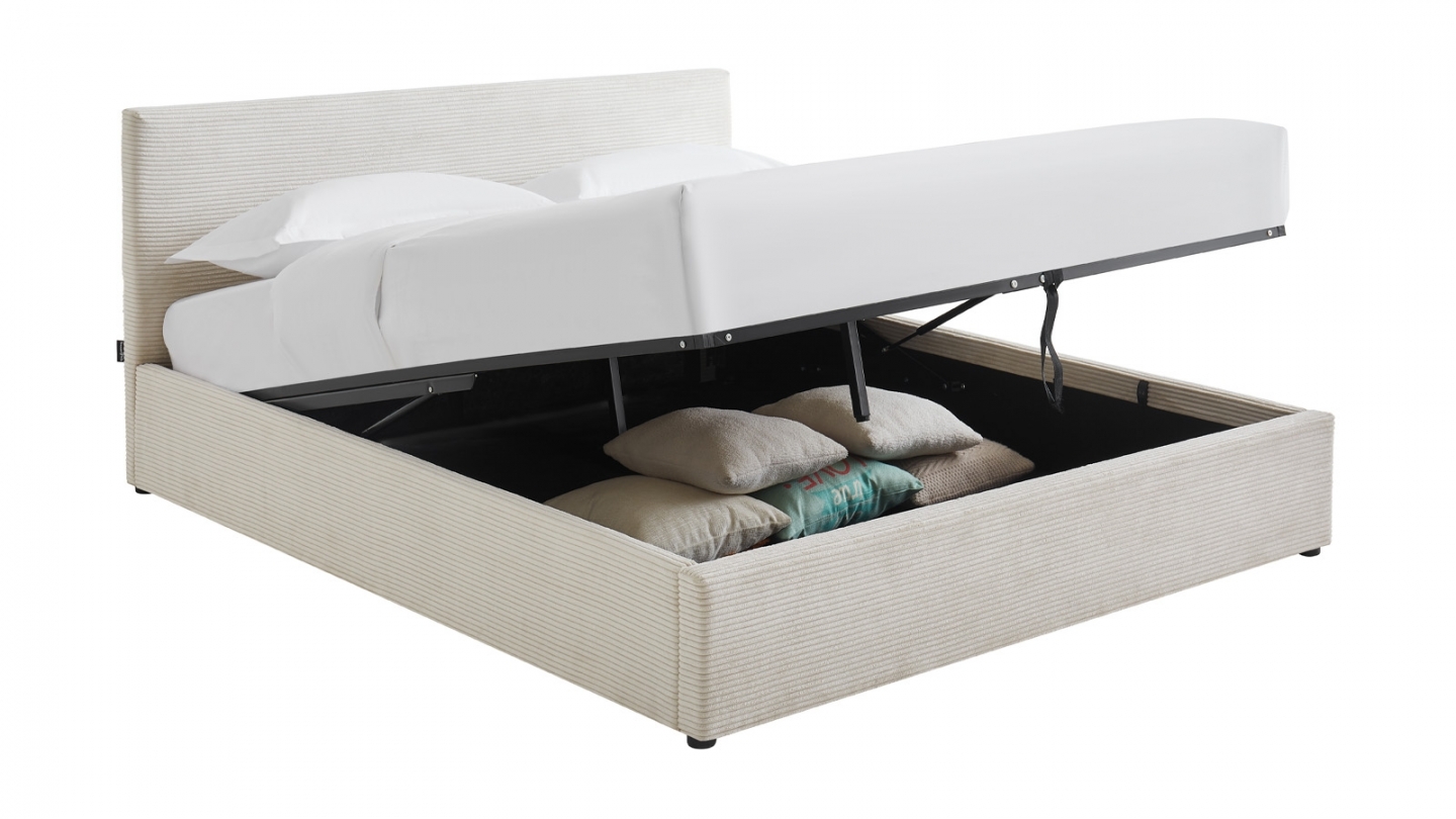 Ensemble Lit coffre adulte 140x190cm avec tête de lit en velours côtelé beige - Tina + Matelas ressorts ensachés - Spring Elite