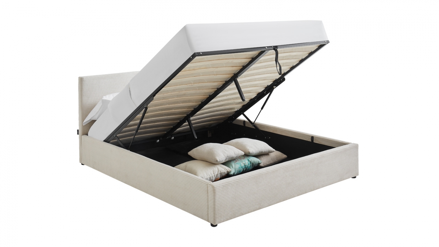Ensemble Lit coffre adulte 160x200cm avec tête de lit en velours côtelé beige - Tina + Matelas mémoire de forme - Dual Confort