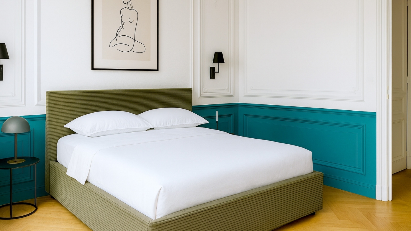Ensemble Lit coffre adulte 140x190cm avec tête de lit en velours côtelé vert - Tina + Matelas mémoire de forme - Dual Confort Ensemble Lit coffre adulte 140x190cm avec tête de lit en velours côtelé vert - Tina + Matelas mémoire de forme - Dual Confort