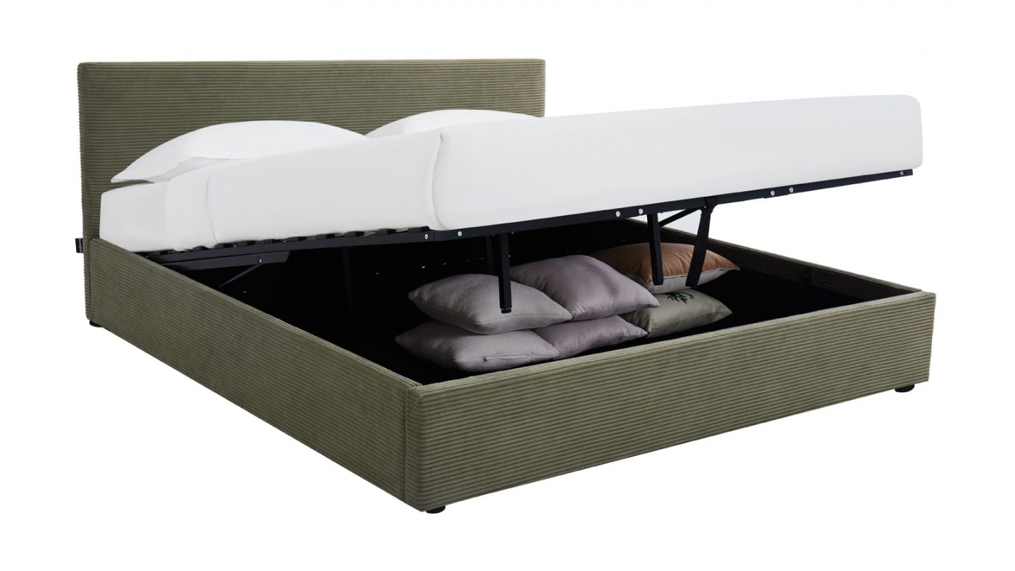 Ensemble Lit coffre adulte 180x200cm avec tête de lit en velours côtelé vert - Tina + Matelas mémoire de forme - Dual Confort
