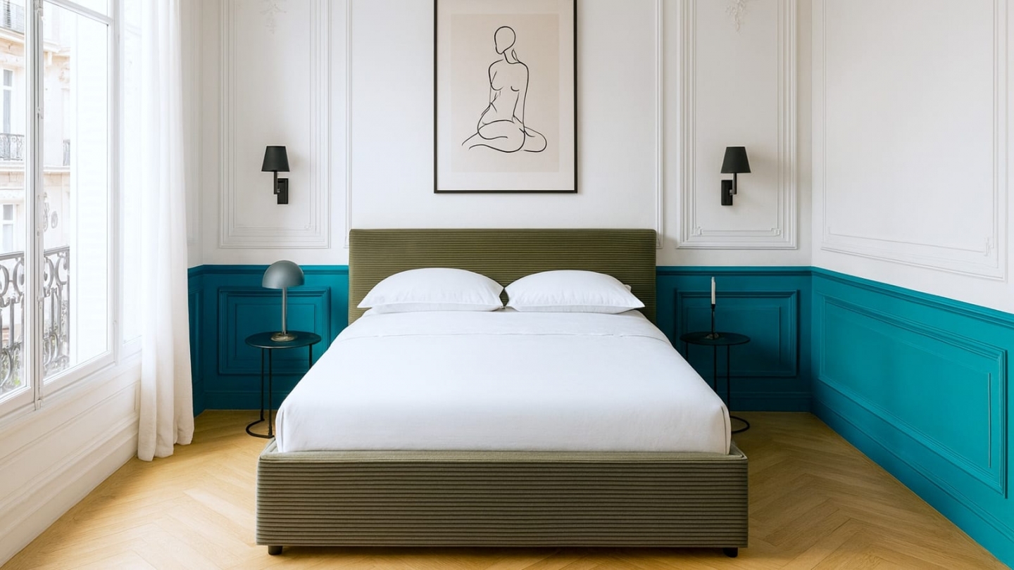 Ensemble Lit coffre adulte 180x200cm avec tête de lit en velours côtelé vert - Tina + Matelas mémoire de forme - Dual Confort