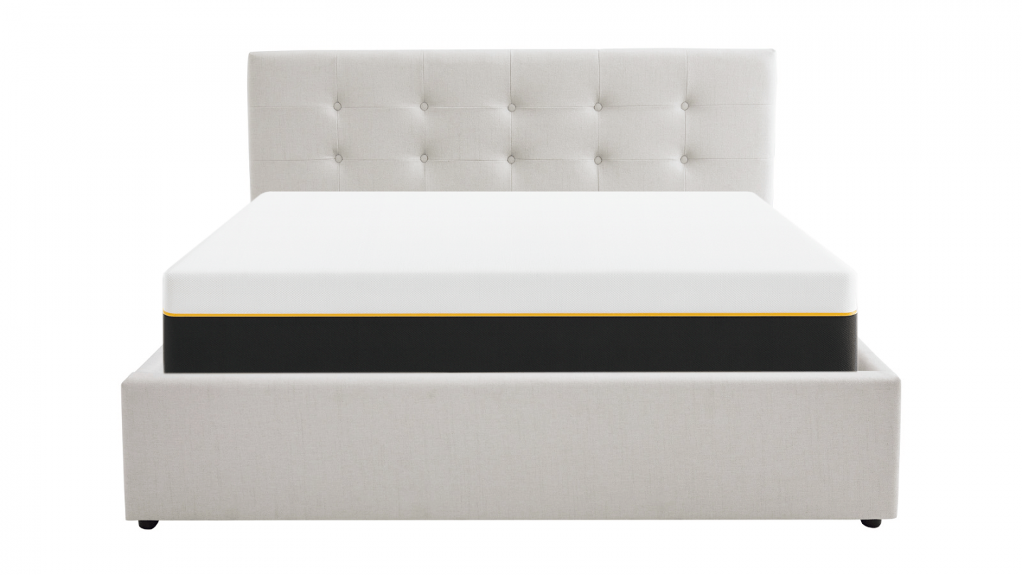 Ensemble Lit coffre adulte 140x190cm avec tête de lit en tissu beige - Tina + Matelas mémoire de forme - Dual Confort Ensemble Lit coffre adulte 140x190cm avec tête de lit en tissu beige - Tina + Matelas mémoire de forme - Dual Confort