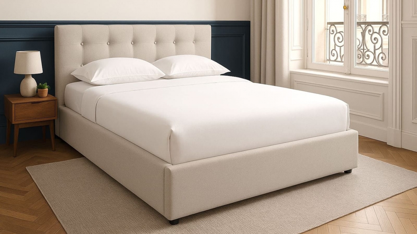 Ensemble Lit coffre adulte 140x190cm avec tête de lit en tissu beige - Tina + Matelas mémoire de forme - Dual Confort Ensemble Lit coffre adulte 140x190cm avec tête de lit en tissu beige - Tina + Matelas mémoire de forme - Dual Confort