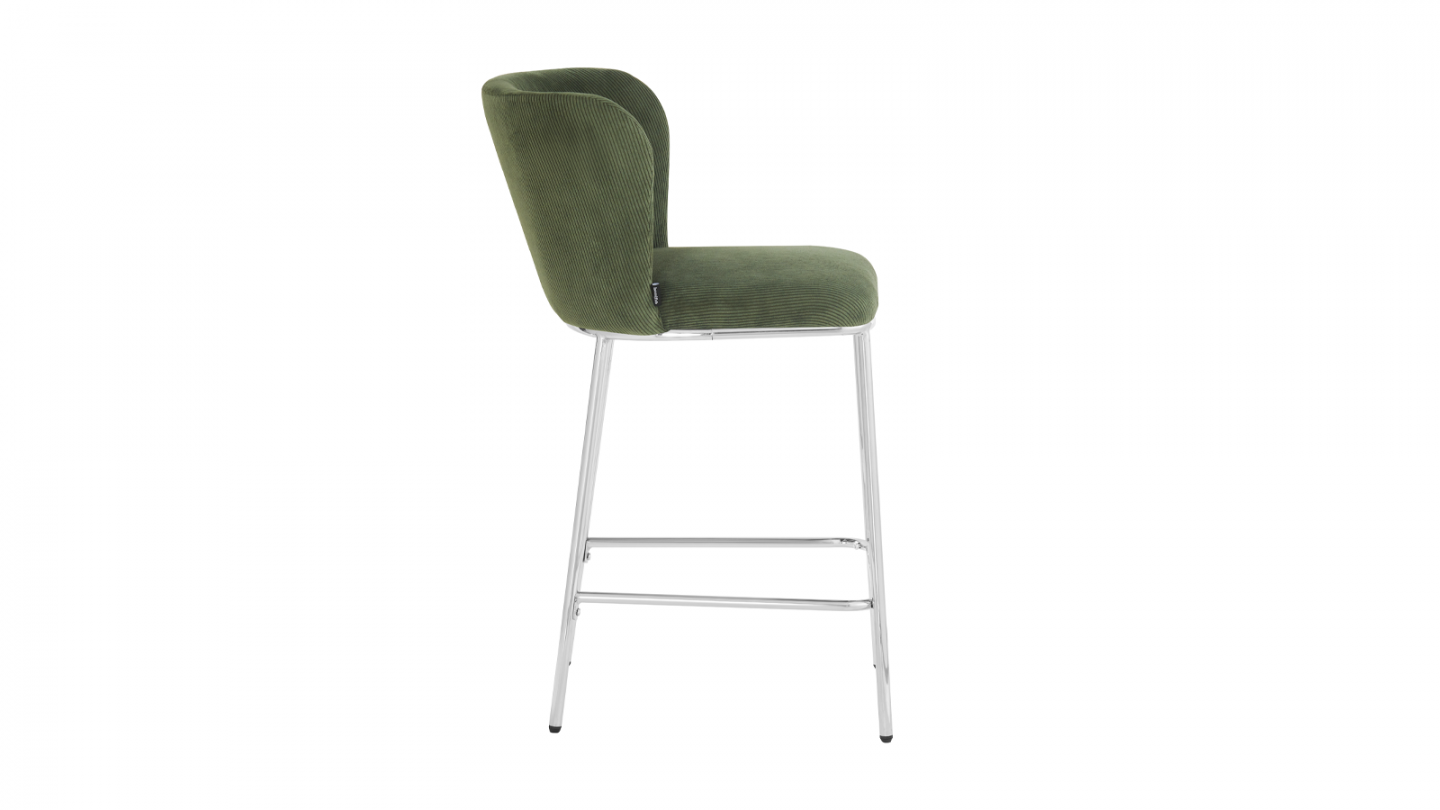 Lot de 2 tabourets de bar en velours côtelé vert kaki, piètement chromé - Toma