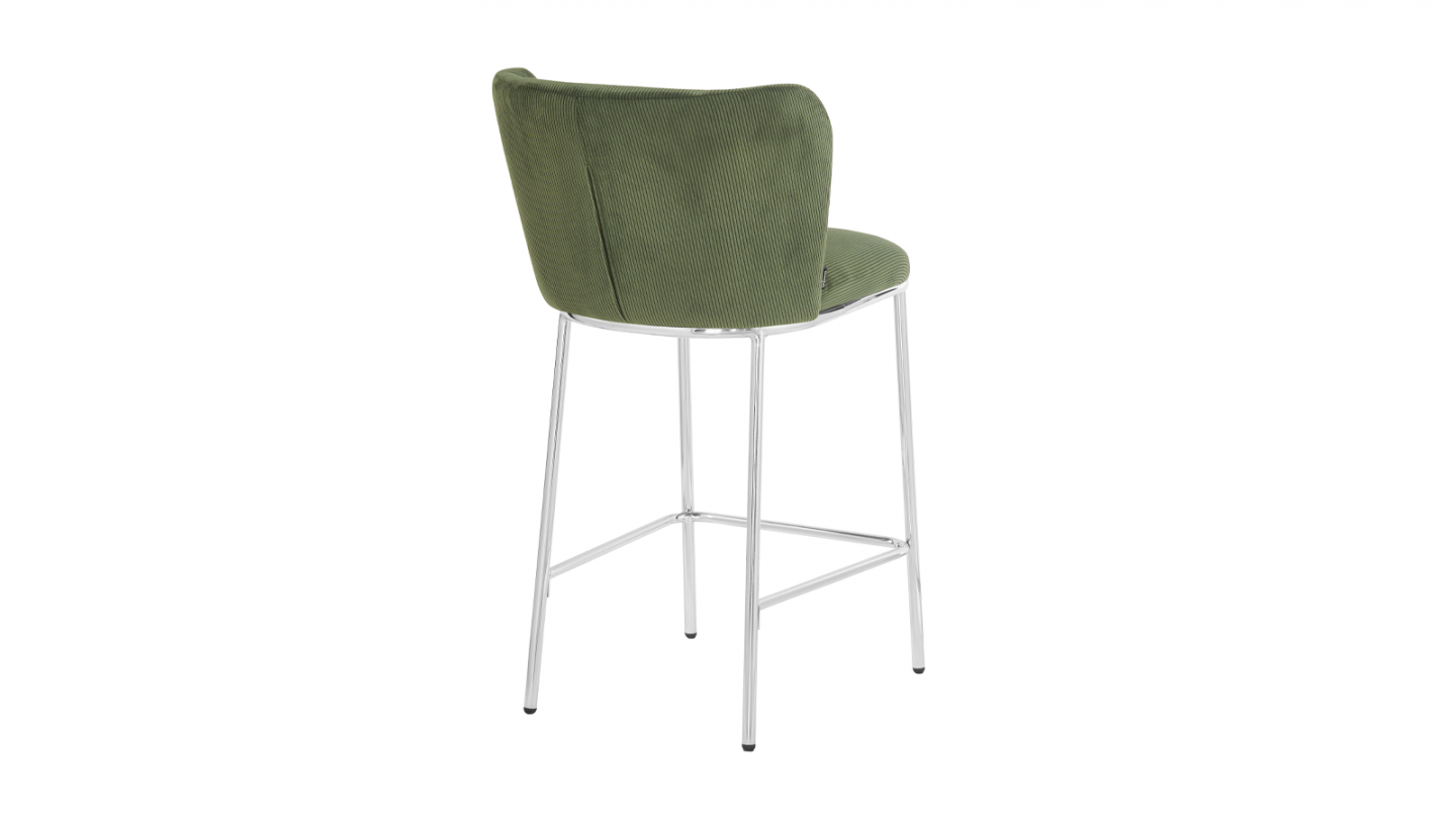 Lot de 2 tabourets de bar en velours côtelé vert kaki, piètement chromé - Toma