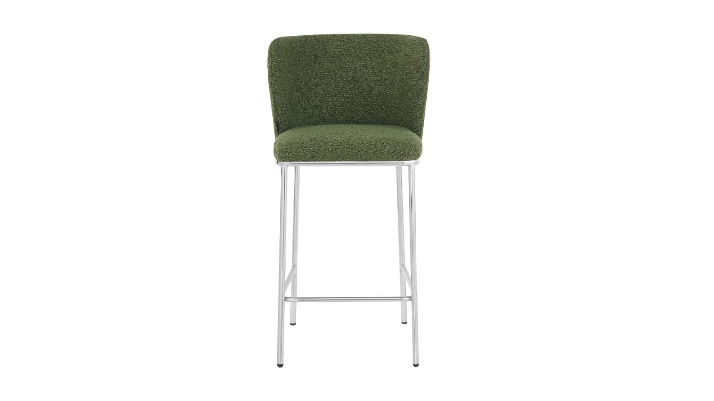 Lot de 2 tabourets de bar en tissu bouclé vert, piètement chromé - Toma