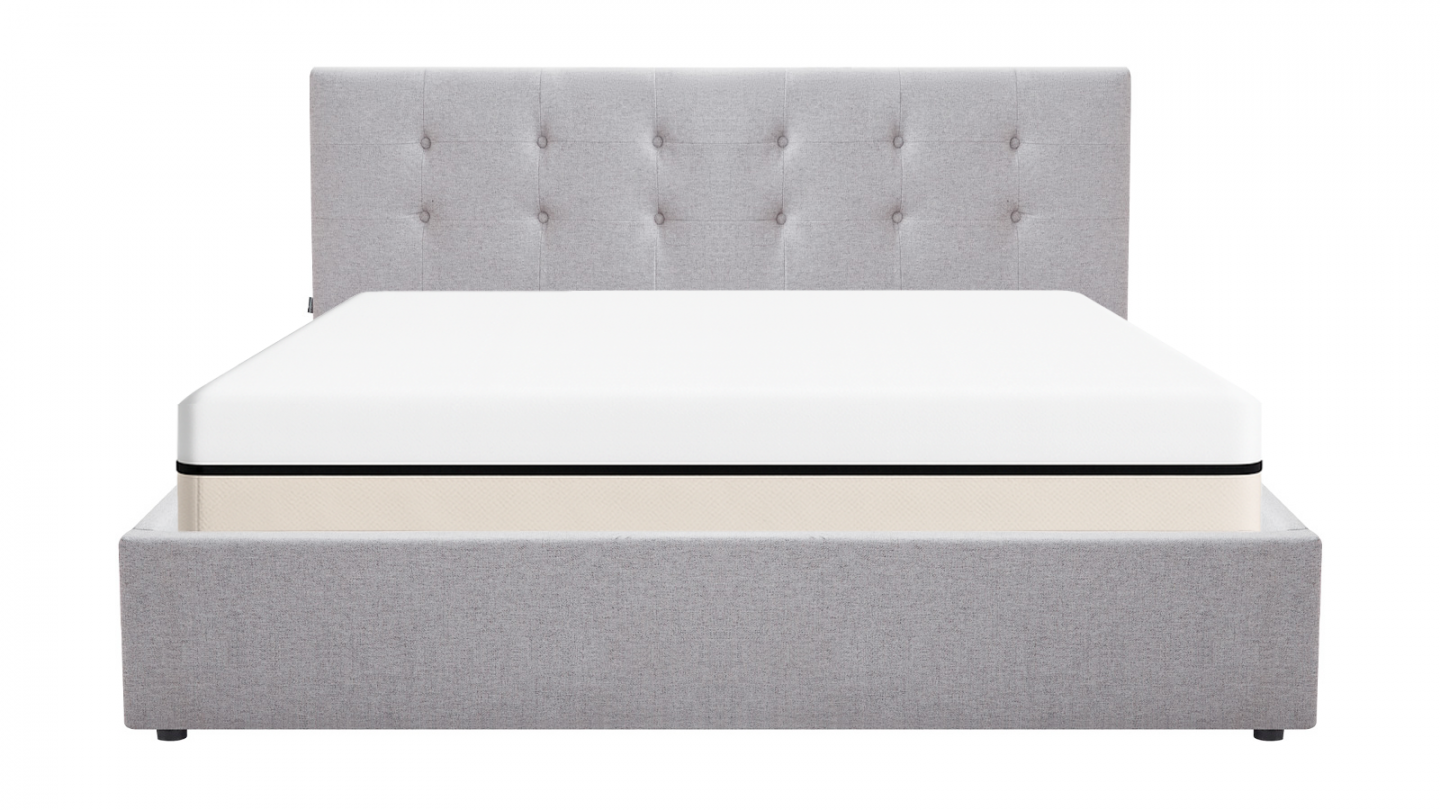 Ensemble Lit coffre adulte 140x190cm avec tête de lit en tissu gris - Tina + Matelas ressorts ensachés - Spring Elite