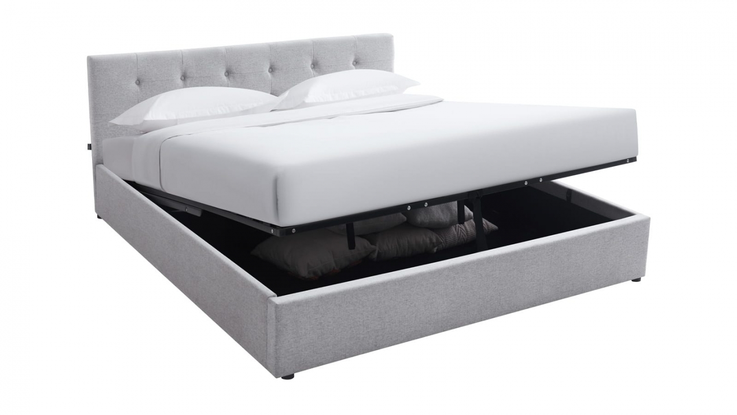 Ensemble Lit coffre adulte 140x190cm avec tête de lit en tissu gris - Tina + Matelas ressorts ensachés - Spring Elite
