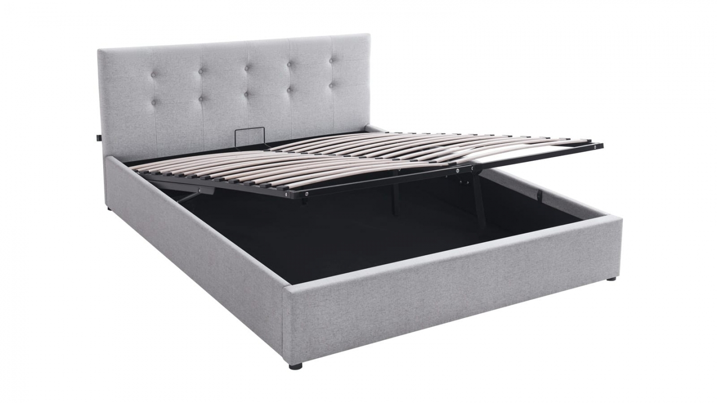 Ensemble Lit coffre adulte 160x200cm avec tête de lit en tissu gris - Tina + Matelas ressorts ensachés - Spring Elite