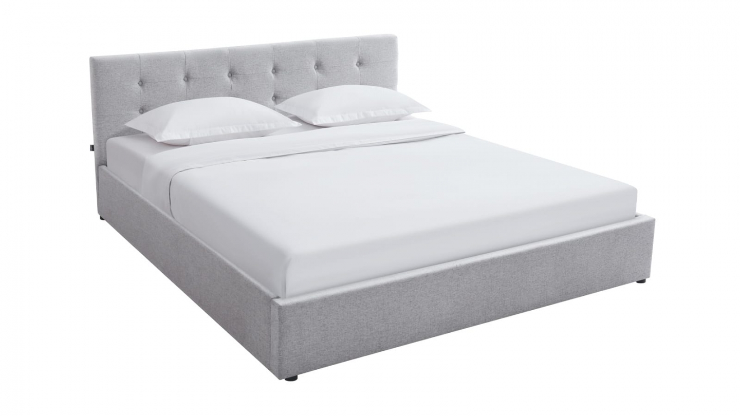 Ensemble Lit coffre adulte 140x190cm avec tête de lit en tissu gris - Tina + Matelas mémoire de forme - Dual Confort Ensemble Lit coffre adulte 140x190cm avec tête de lit en tissu gris - Tina + Matelas mémoire de forme - Dual Confort