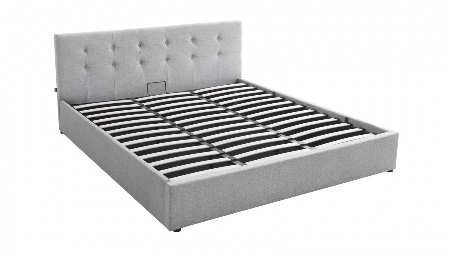 Ensemble Lit coffre adulte 180x200cm avec tête de lit en tissu gris - Tina + Matelas mémoire de forme - Dual Confort